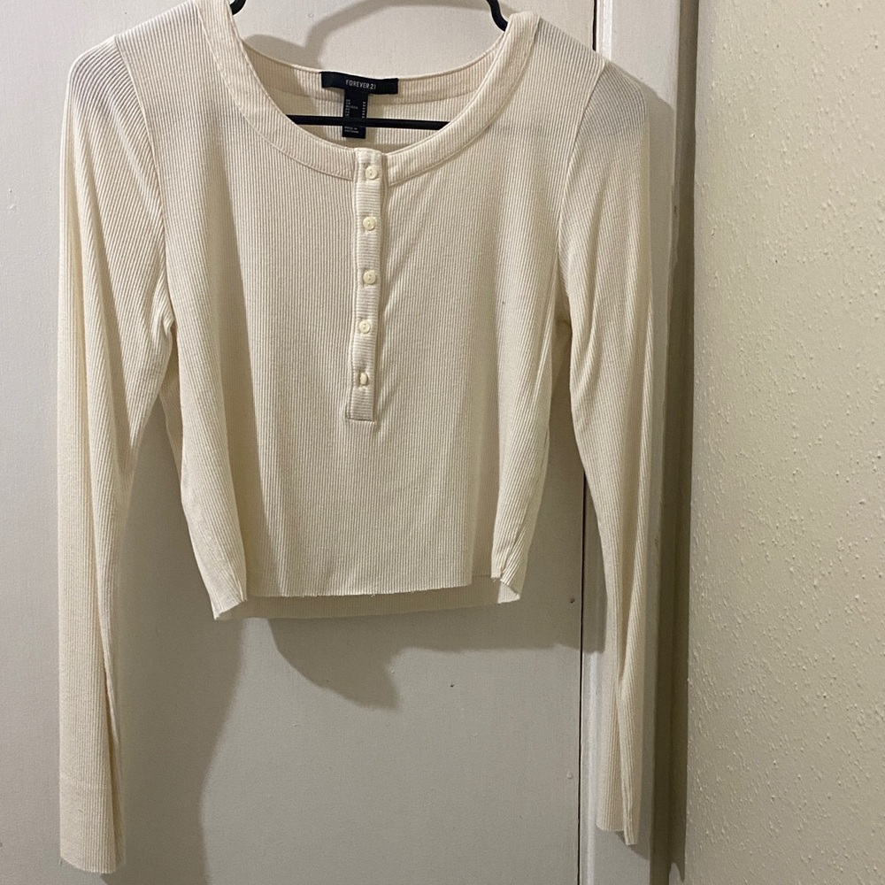 Forever 21 Ivory Ribbed Henley Long-Sleeve Crop Top A LITTLE SEE-THROUGH